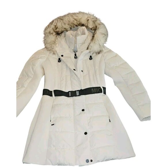 Michael Kors Women's White Winter Zipper BELT Puffer Hooded Coat Jacket Small - Picture 1 of 16
